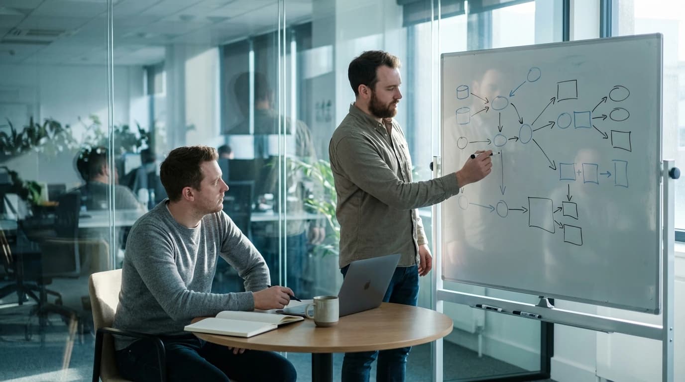 Validation contexte business IA expliquée sur un tableau blanc avec un schéma de sources de données en direct