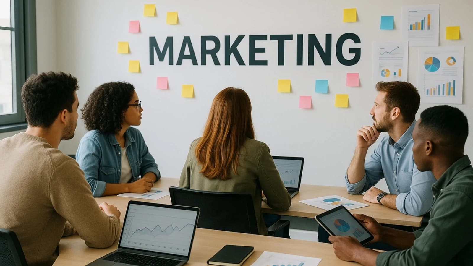 Marketing team brainstorming a go-to-market strategy with sticky notes and charts
