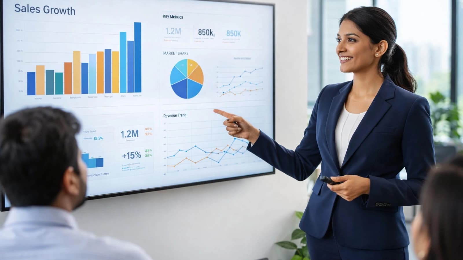 Businesswoman presenting sales growth charts and benchmark takeaways on a large screen