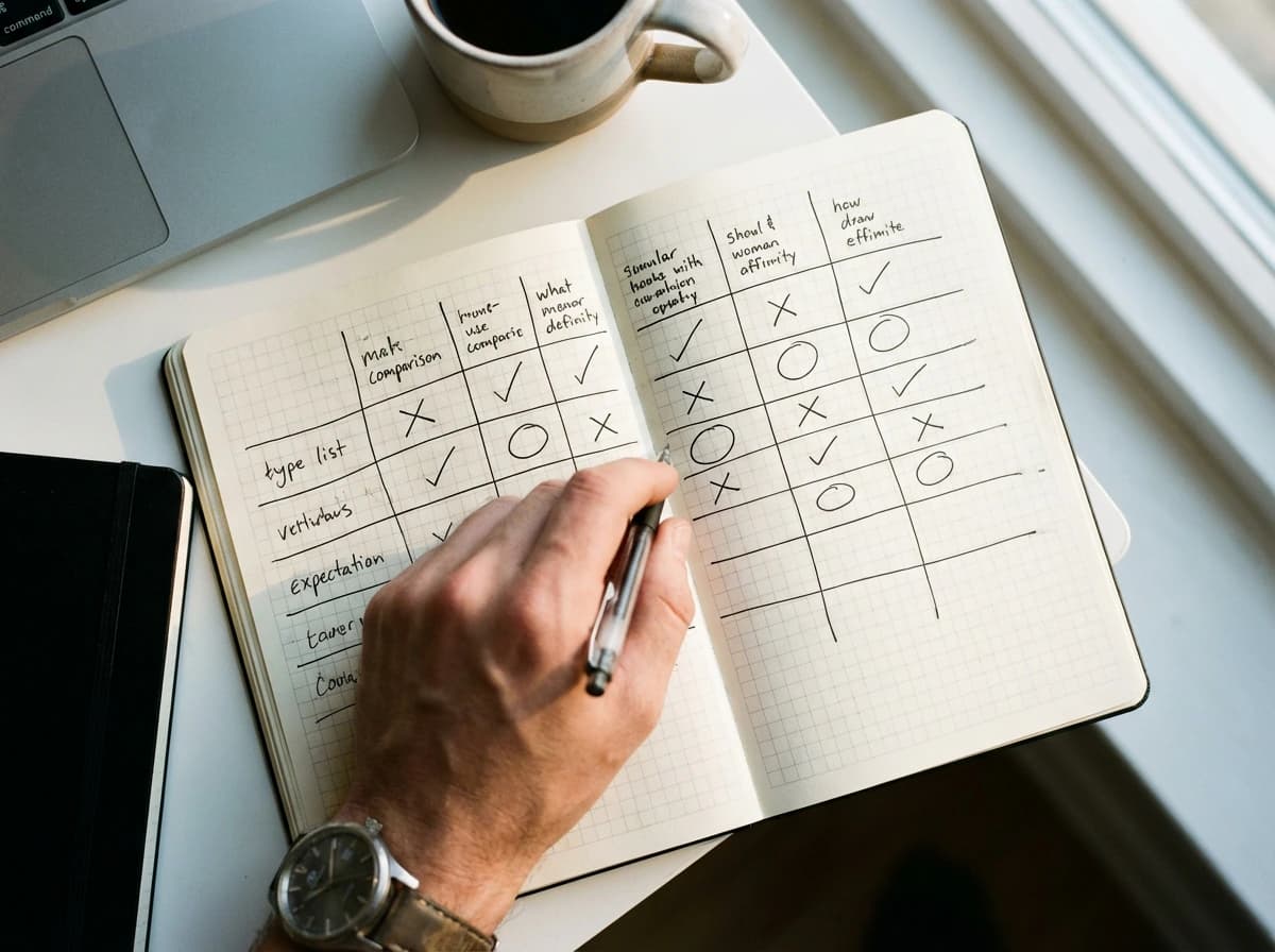Overhead shot of a handwritten tool comparison matrix in a notebook