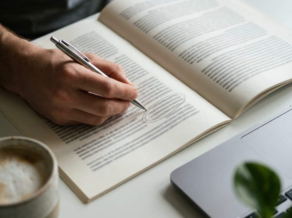 يد تدوّن ملاحظات على خطة مطبوعة مع دوائر بالقلم الرصاص حول الأقسام الأساسية