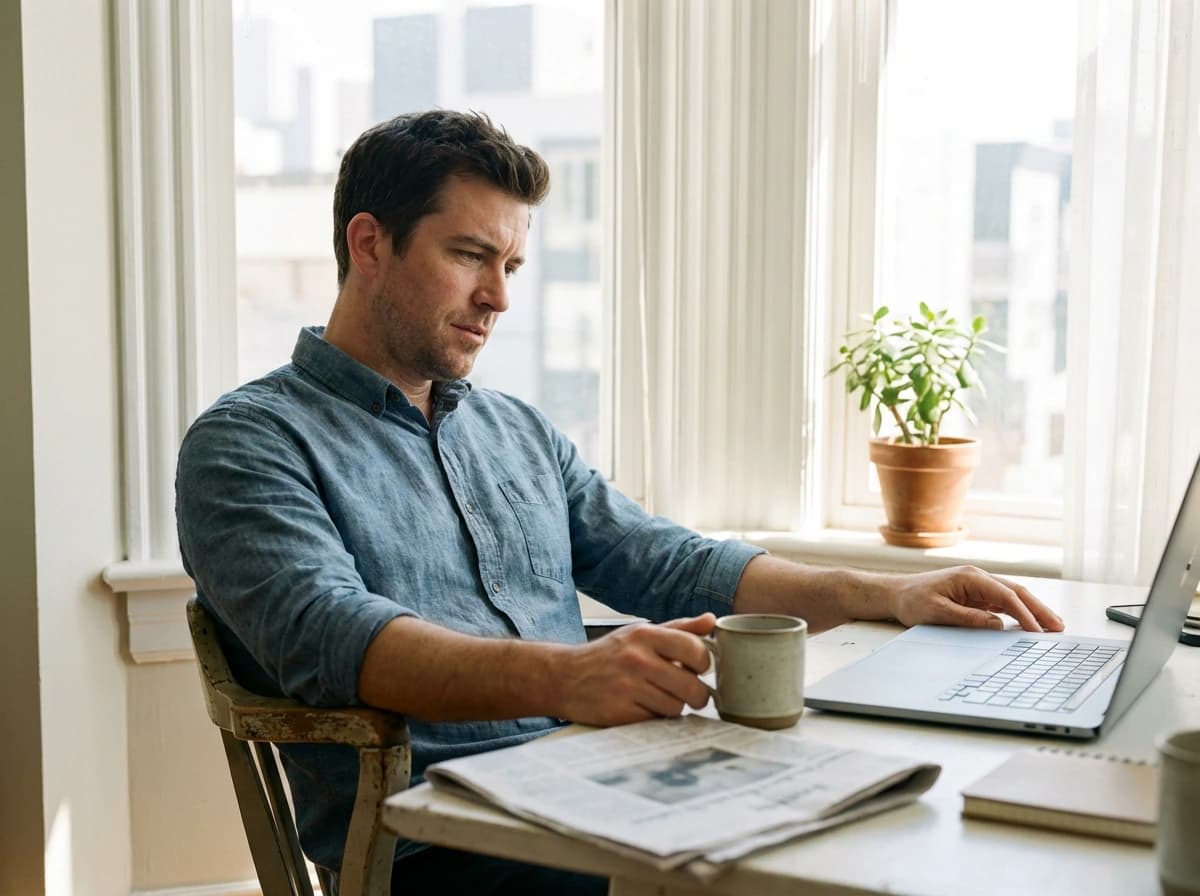 مؤسس أمام حاسوب محمول مفتوح يقارن أرقاماً في خطة مالية