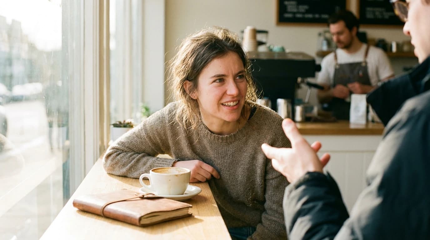 Founder taking notes during a customer discovery interview at a cafe table