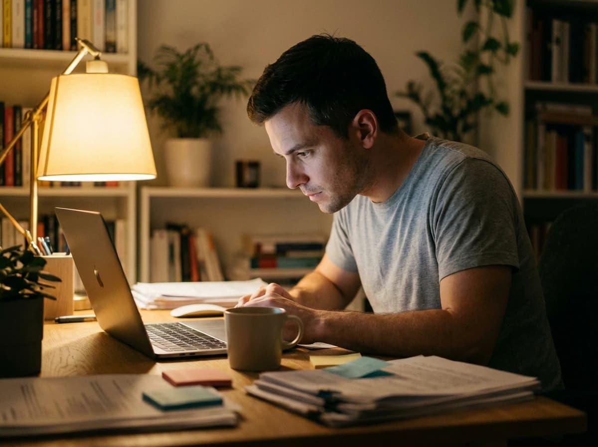 Fondateur à son bureau en train de relire des données de validation startup en direct avant toute analyse IA