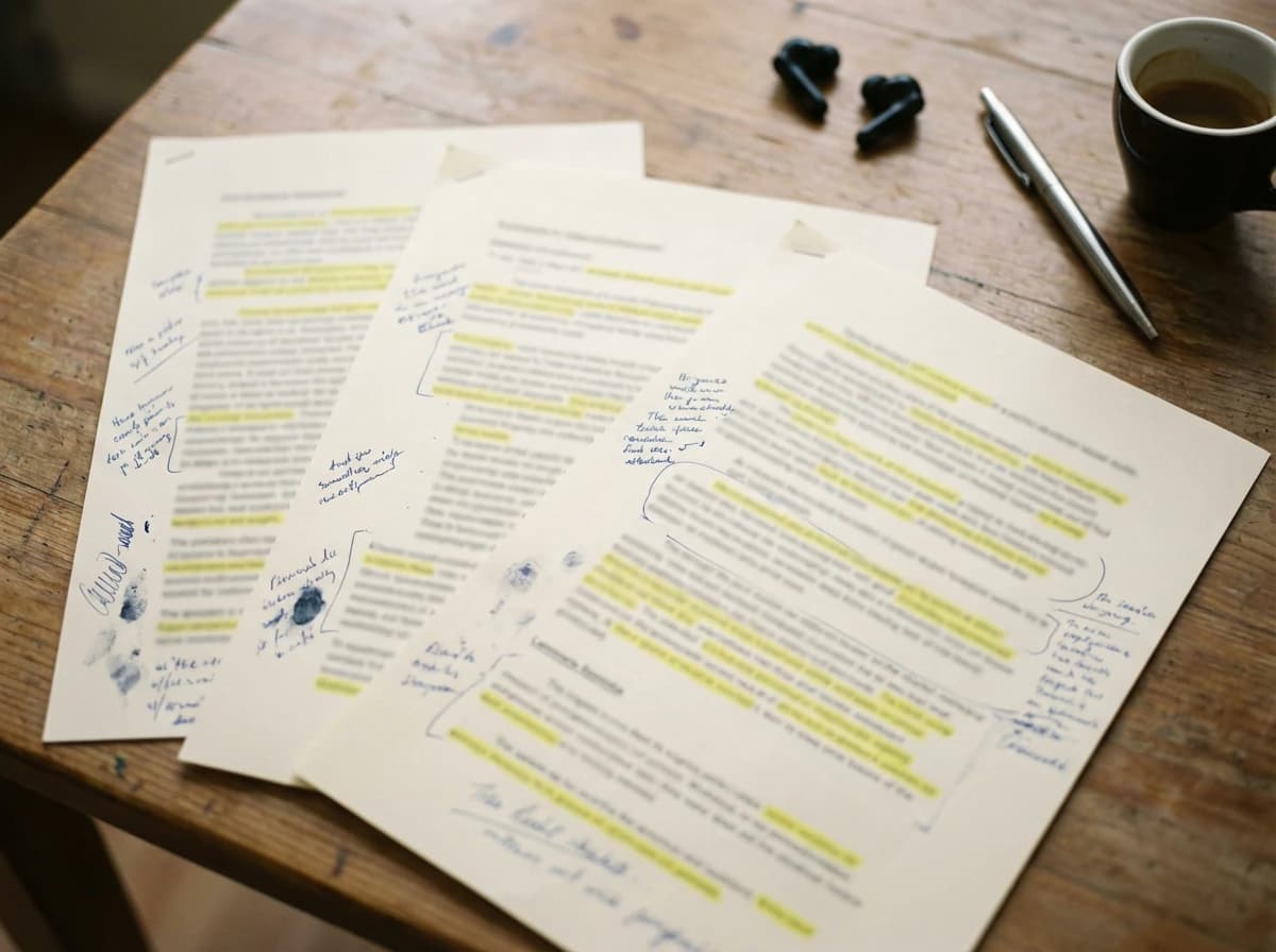 Overhead macro of annotated startup validation research briefs with highlighter marks from cross-validation across AI models