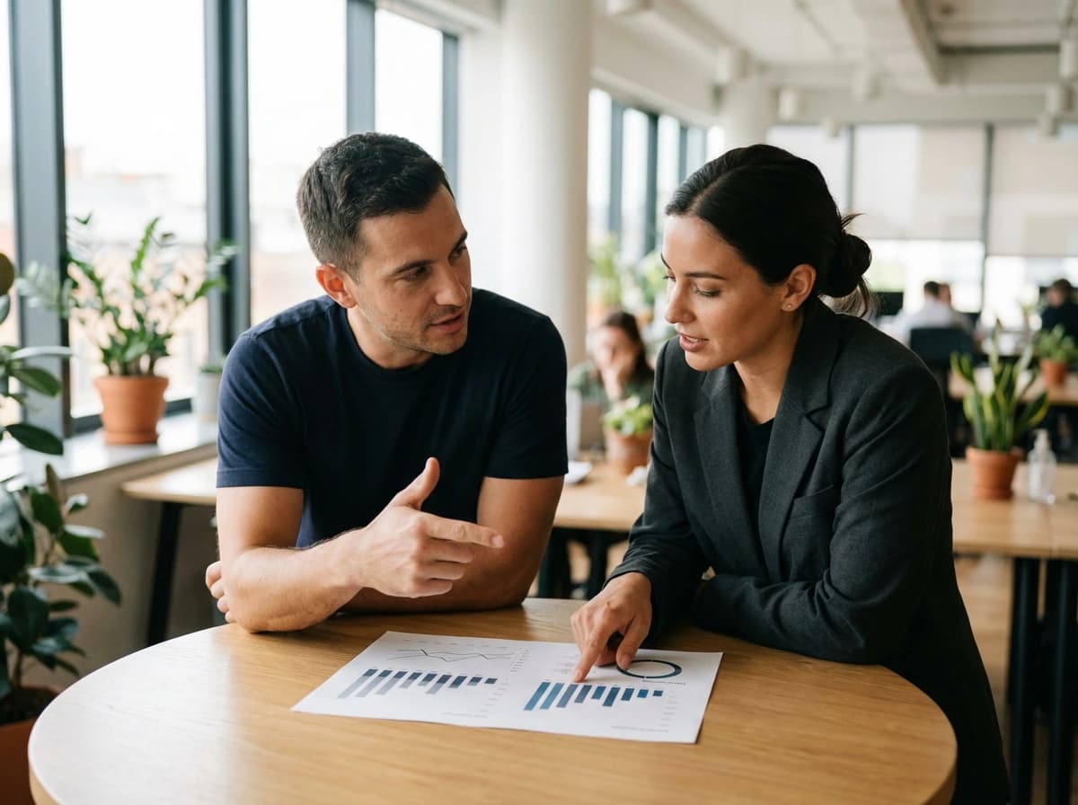 Founder and colleague reviewing a printed Deep Analysis report in a coworking room, with the viability score circled