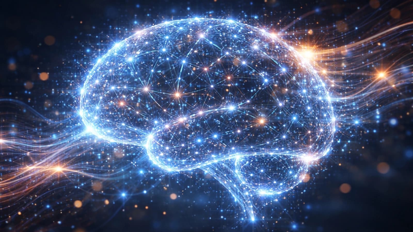 Rede neural luminosa em forma de cerebro representando infraestrutura para agentes de IA