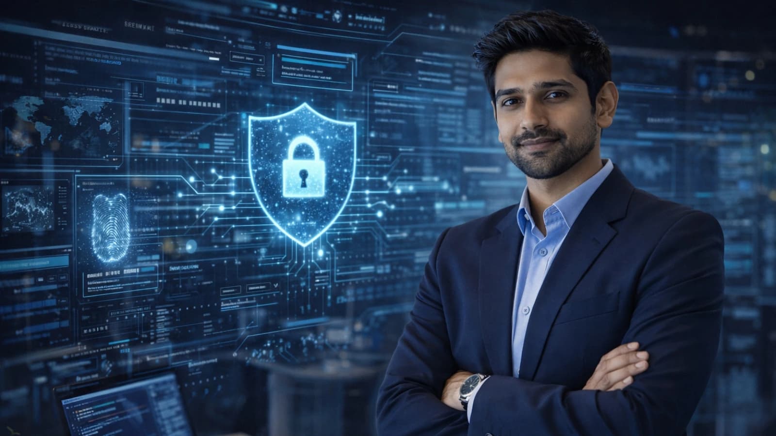 Especialista em ciberseguranca ao lado de uma interface de escudo digital representando conformidade de IA e regtech