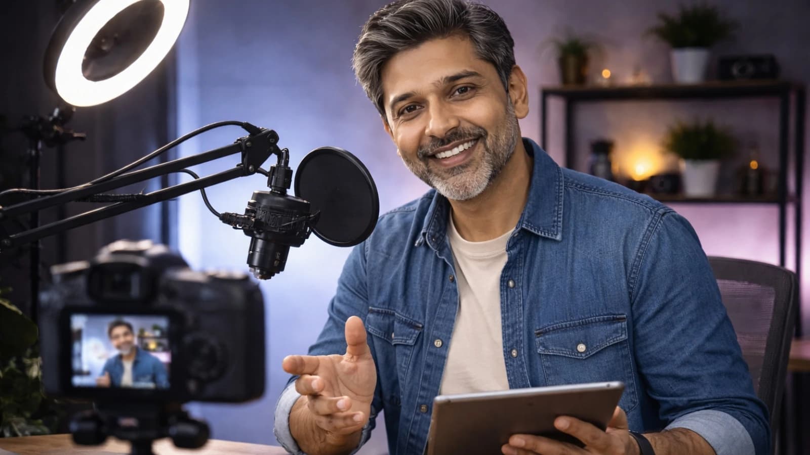 Criador de conteudo filmando um video em um estudio caseiro com ring light e camera