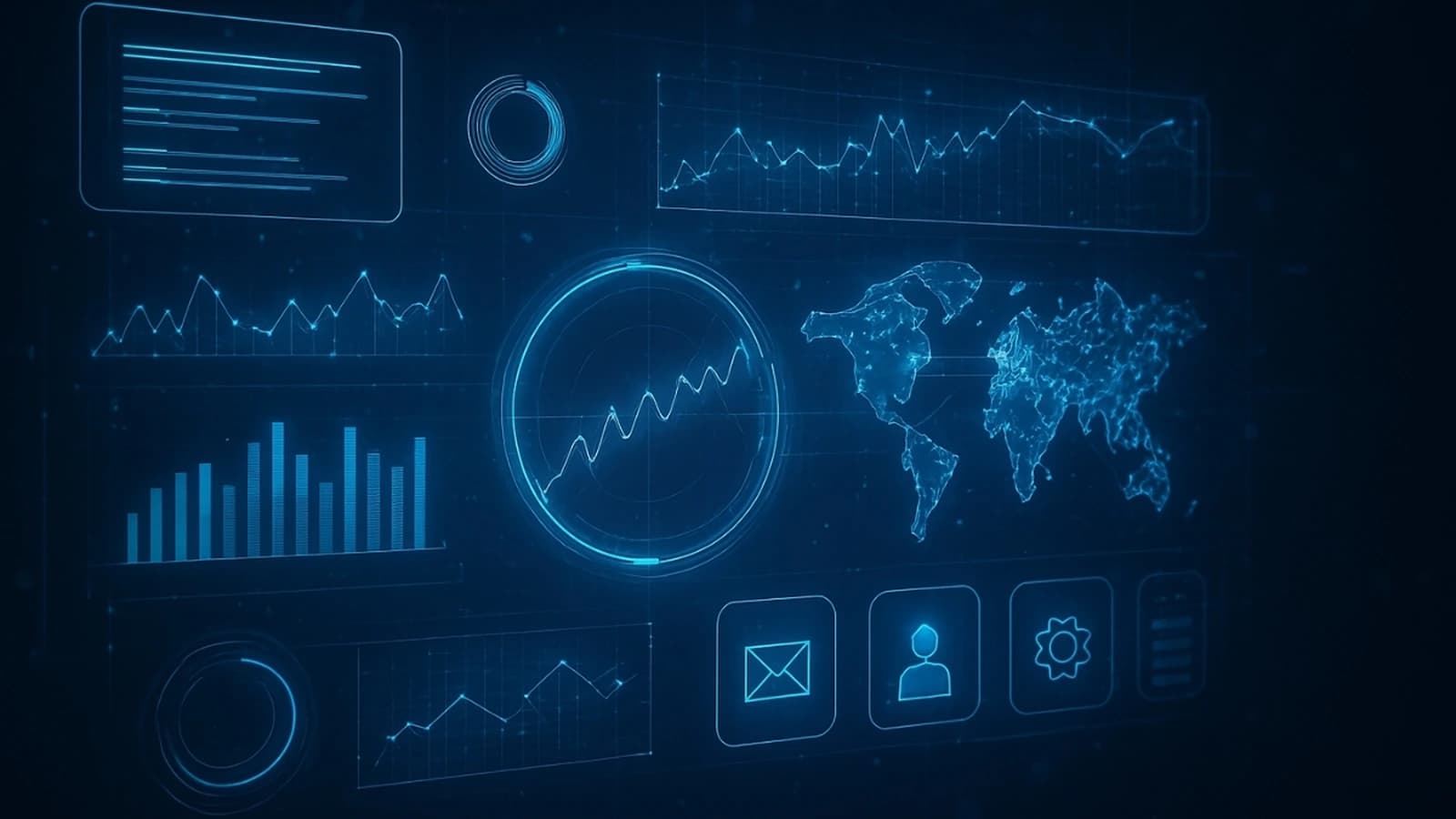 Painel digital futurista com graficos e mapa mundial representando analise de dados vertical