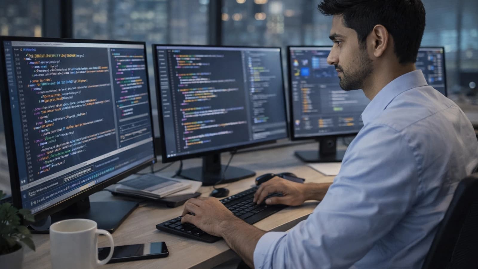 Desenvolvedor de software programando em varios monitores em um escritorio de startup