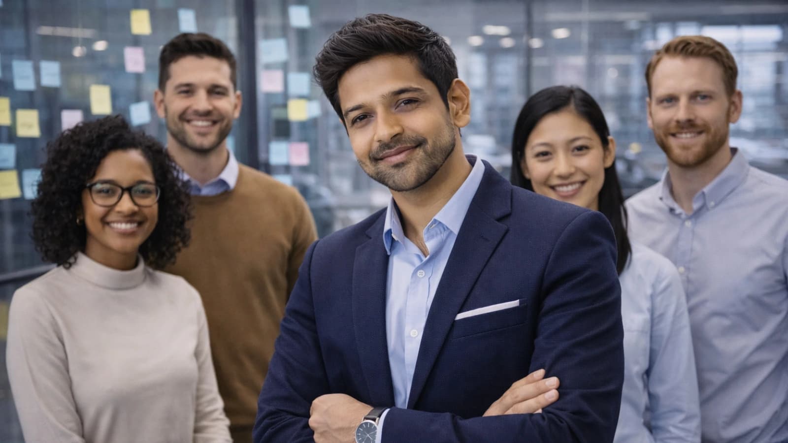 Equipe de negocios confiante em um escritorio moderno com post-its representando ideias de alto potencial