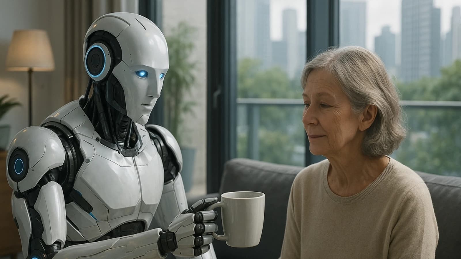 Robo humanoide assistindo uma pessoa idosa ilustrando tecnologia para cuidados com idosos