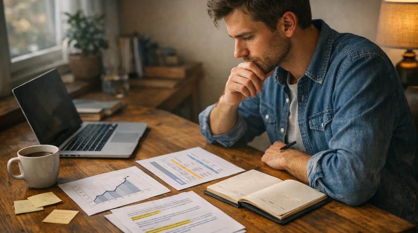 Founder doing market research for a startup with competitor data and demand signals on screen