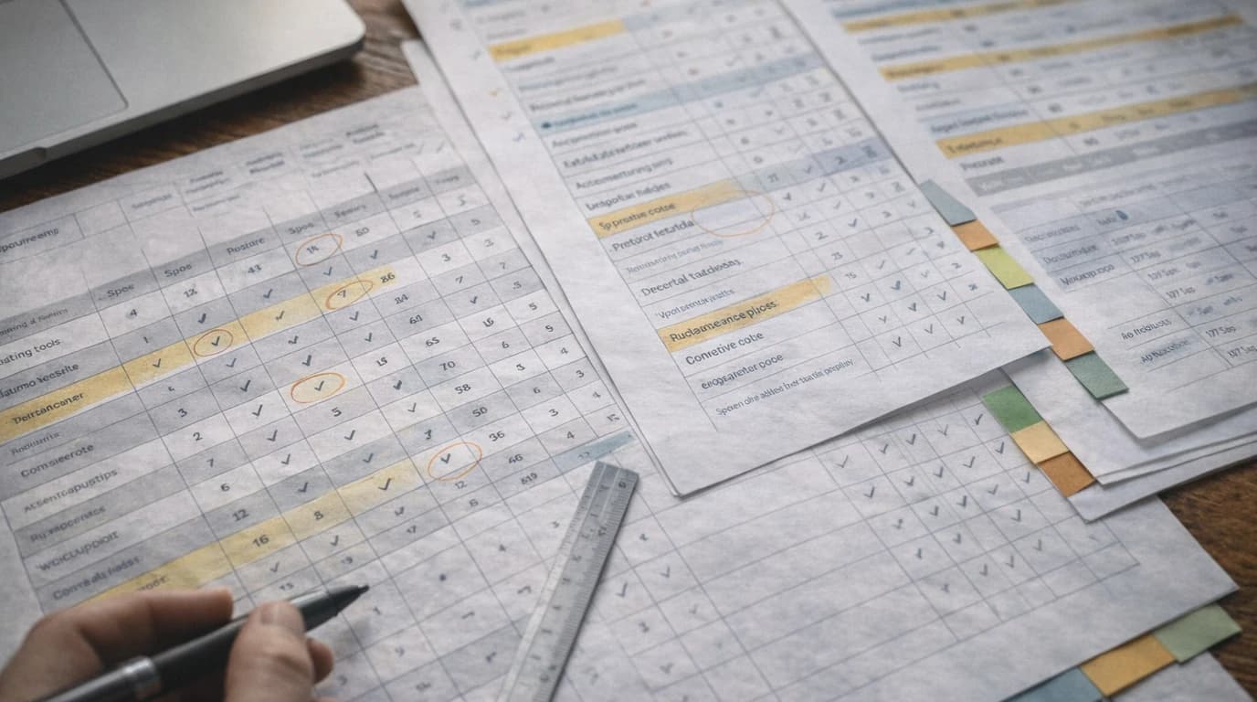 Startup founder evaluating market research tools on a desk with printed comparison notes