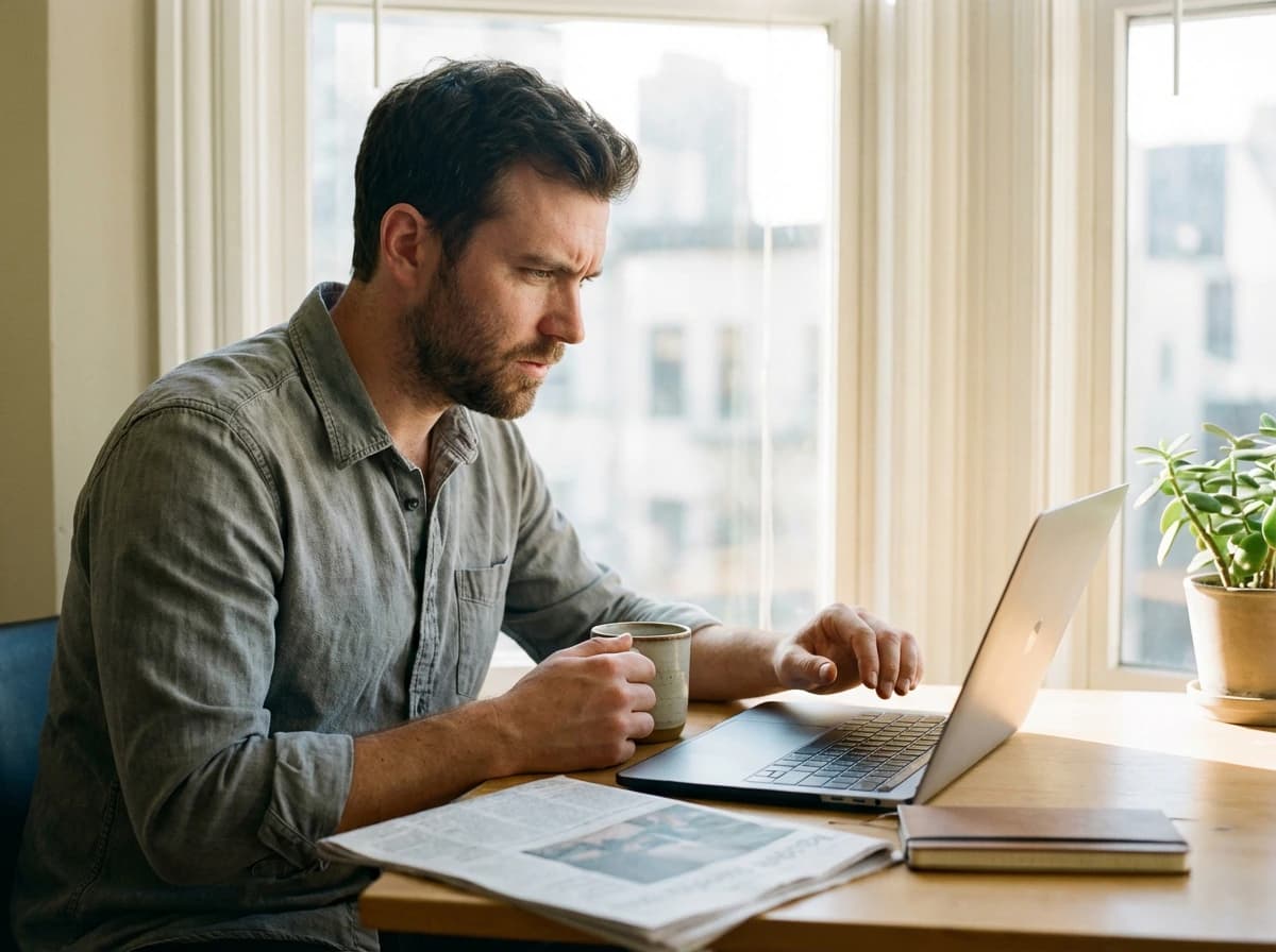 Gründer am Laptop prüft Zahlen aus einem deutschen Wirtschaftsbericht