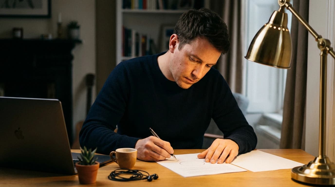 Gründer am Schreibtisch mit gedrucktem Businessplan und handschriftlichen Notizen