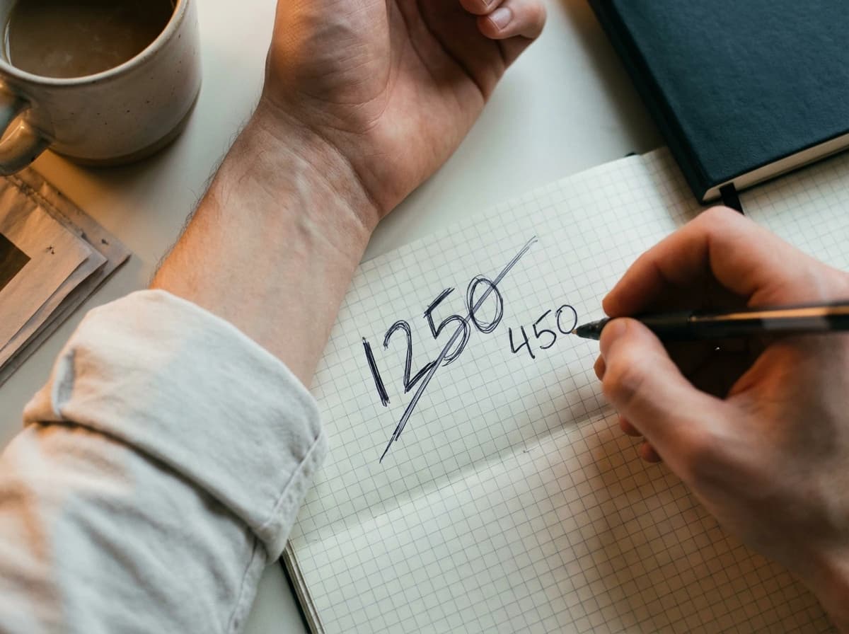 Hand crossing out an inflated MRR estimate and writing a smaller realistic MRR number