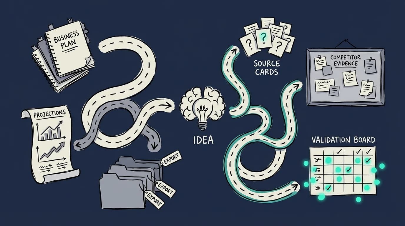 Hand-drawn editorial illustration comparing startup planning with evidence-first validation