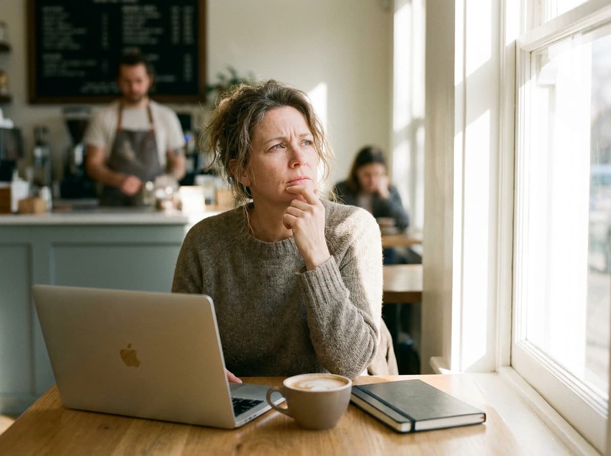 Founder at a bright cafe table mid-thought while reviewing product-market fit data