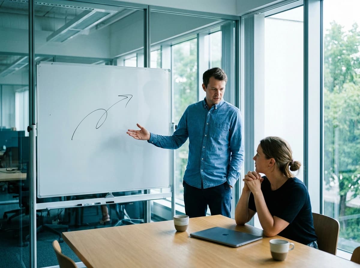 Two founders in a glass meeting room discussing product-market fit survey results