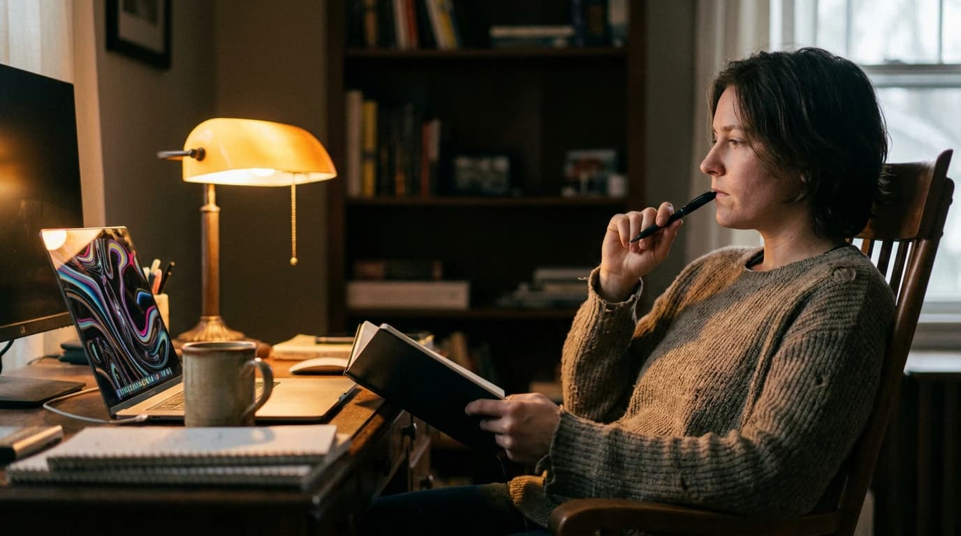 Founder reviewing product-market fit survey results on a laptop at a desk