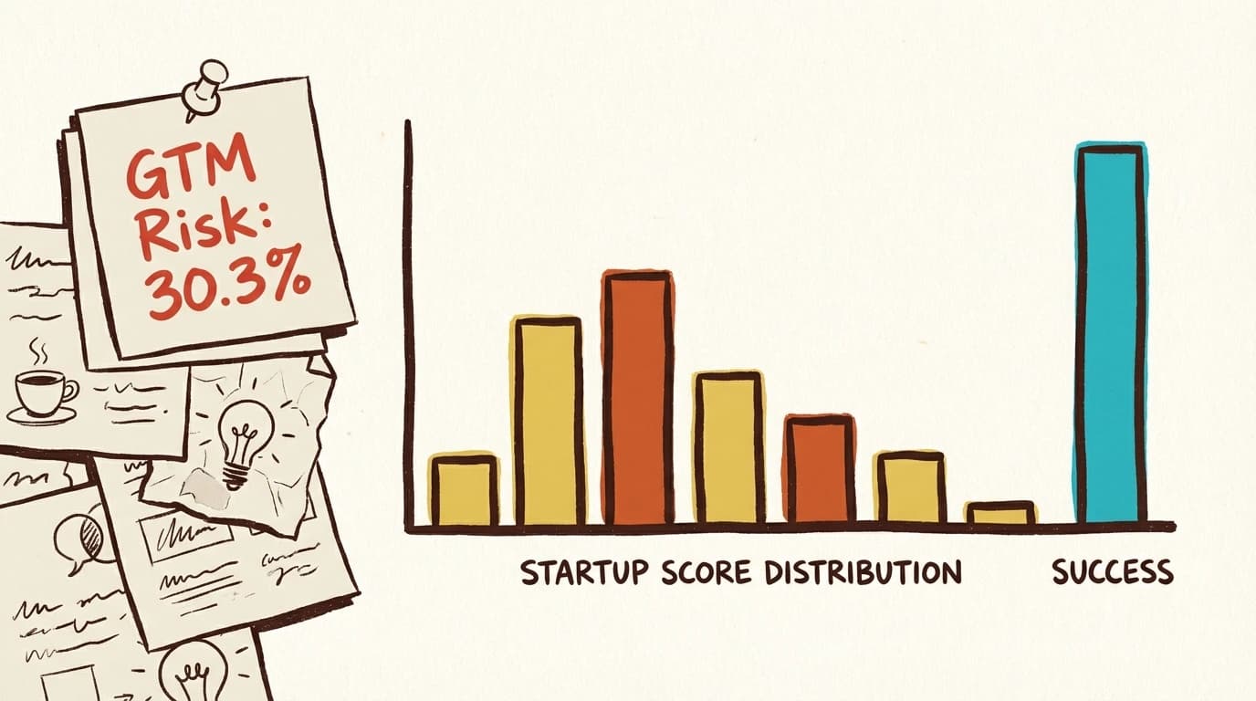 Score distribution of 1,000 startup ideas tested through Preuve AI
