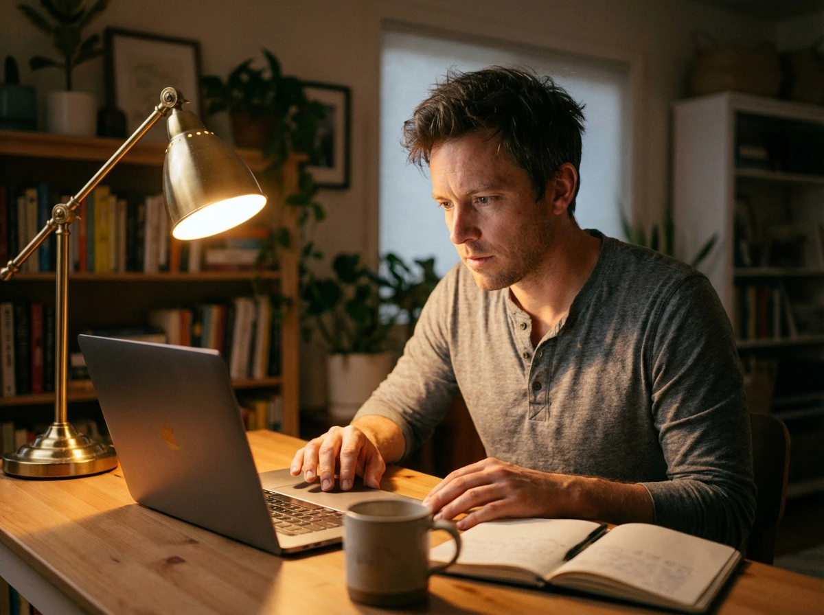 Founder running the 90-second AI business context validation test at a home office desk