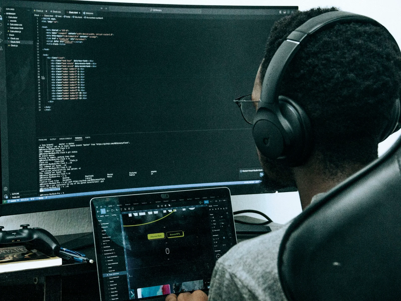 2023 developer using AI as a side tool versus 2026 developer orchestrating multiple AI coding models on a multi-monitor setup