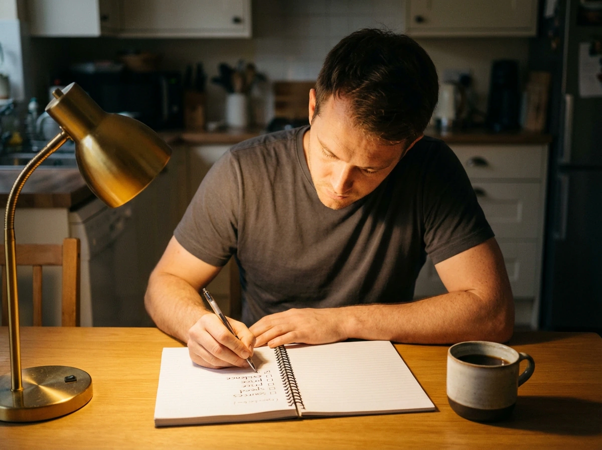 Founder writing down criteria for a good startup validation tool in a notebook