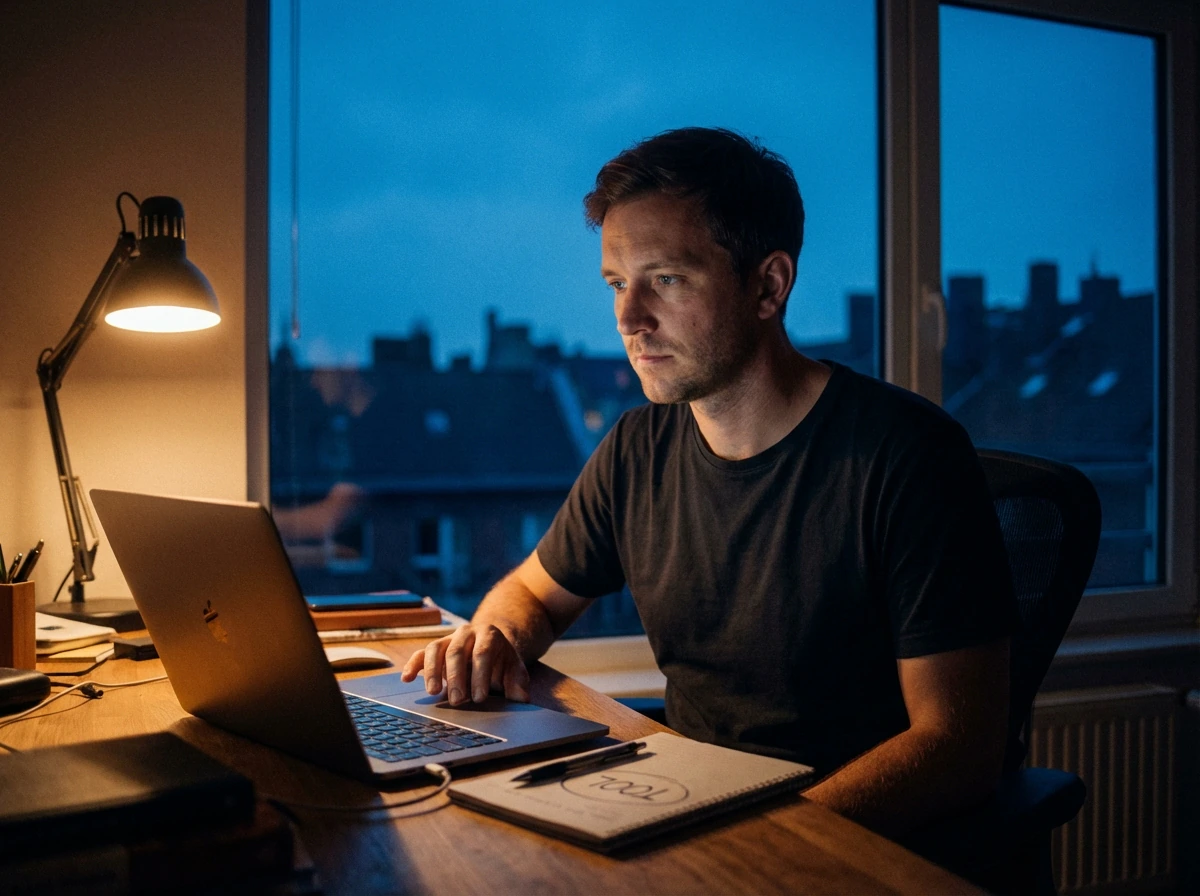 Founder at a desk in the evening picking the one startup validation tool to use