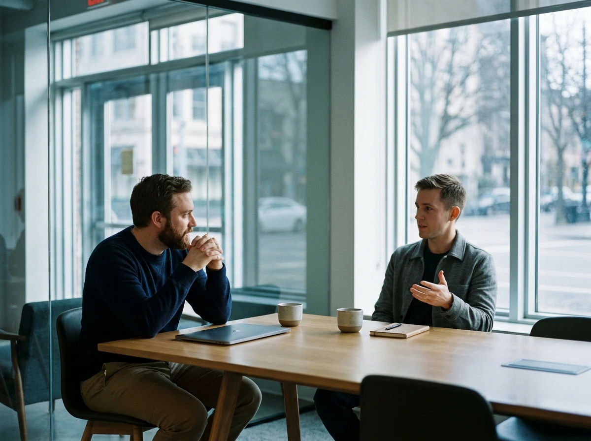 Two founders in a glass meeting room during a customer discovery debrief