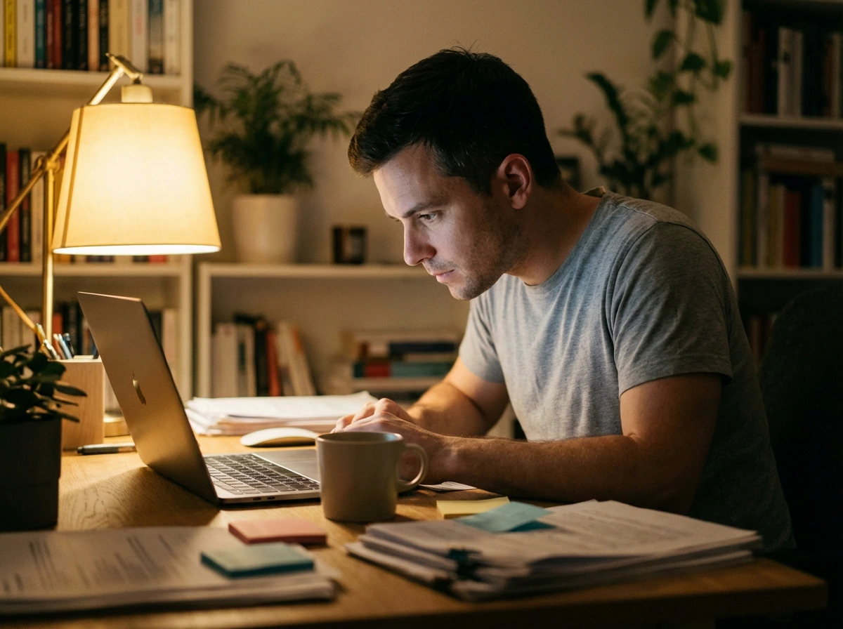 Fondateur à son bureau en train de relire des données de validation startup en direct avant toute analyse IA
