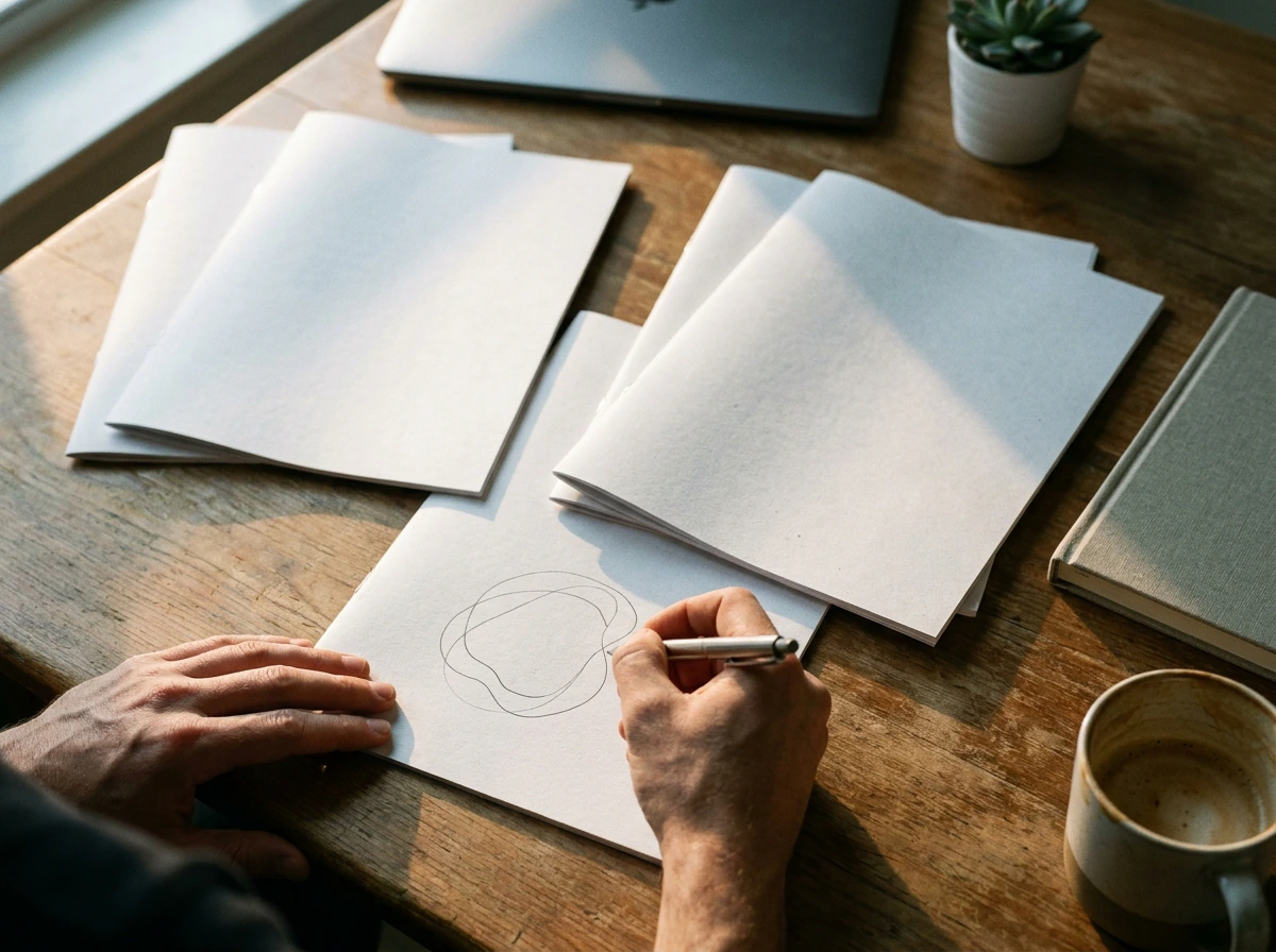 Overhead view of a desk with printed competitor research pages and a pen marking key findings for startup market research