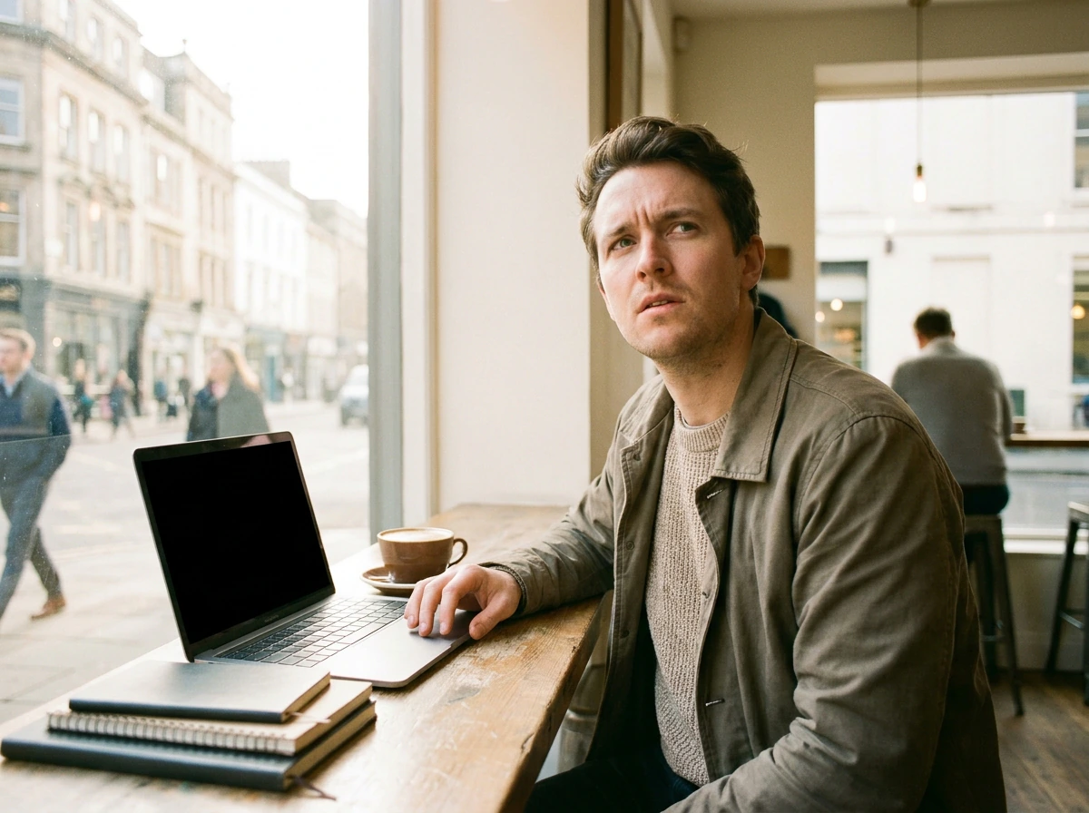 Founder in a cafe researching startup demand signals on a laptop with morning daylight