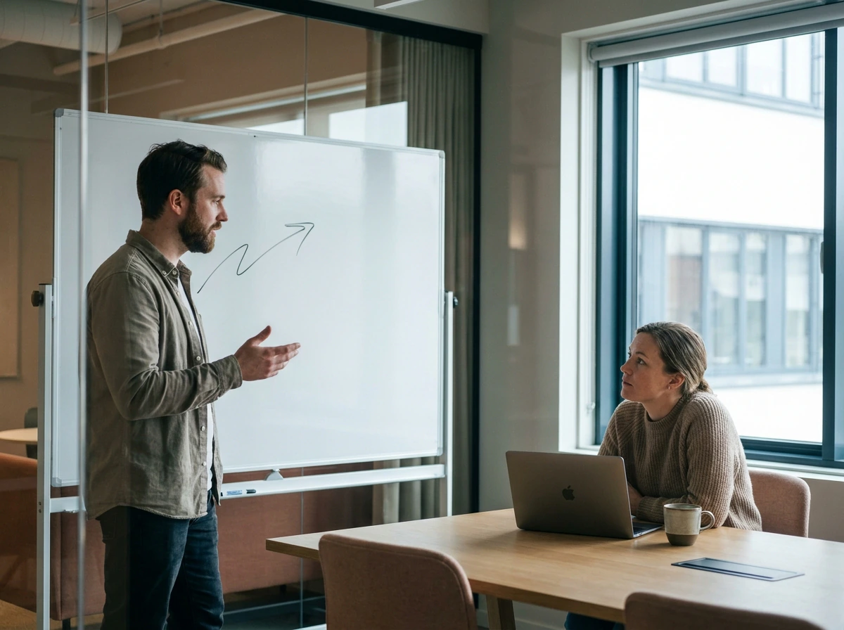 Two founders in a meeting room during a customer discovery conversation for market research