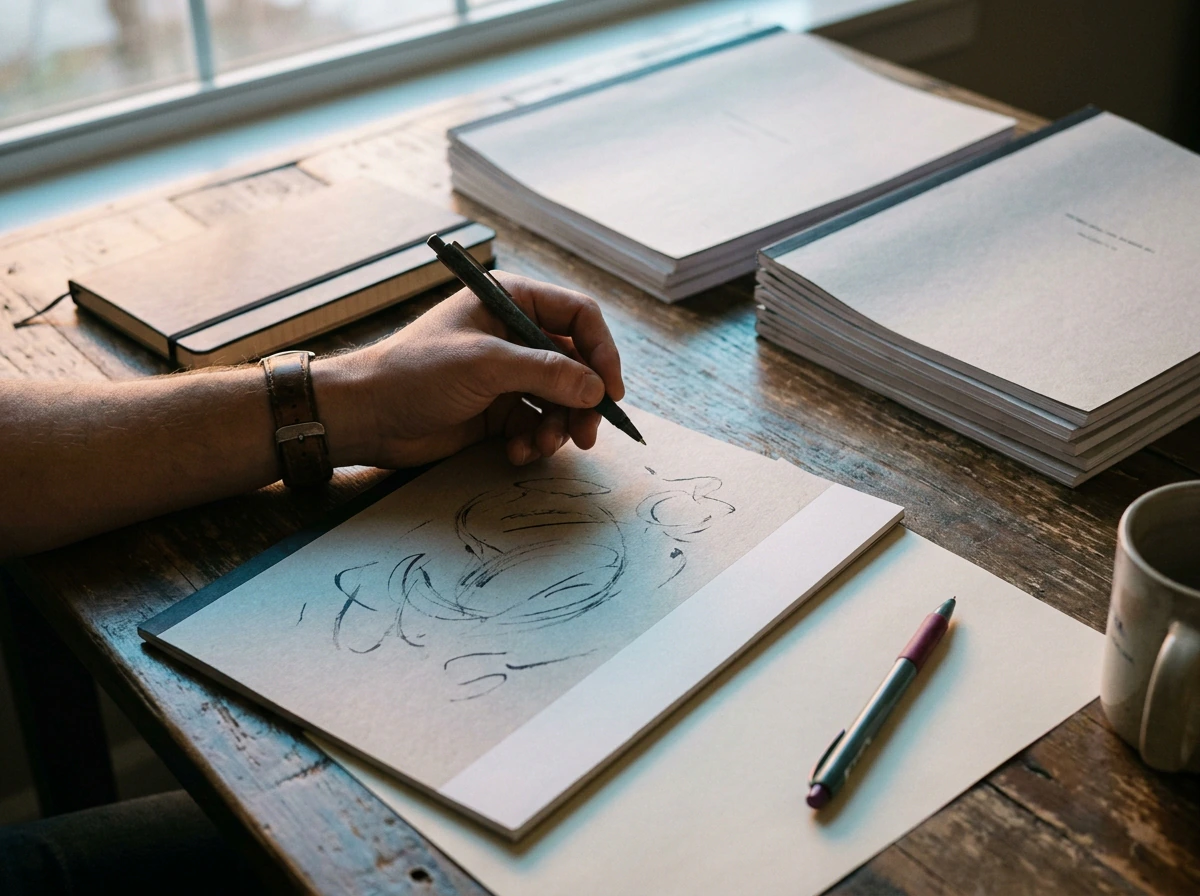 Overhead view of competitor research notes on a desk with market research tools for startups