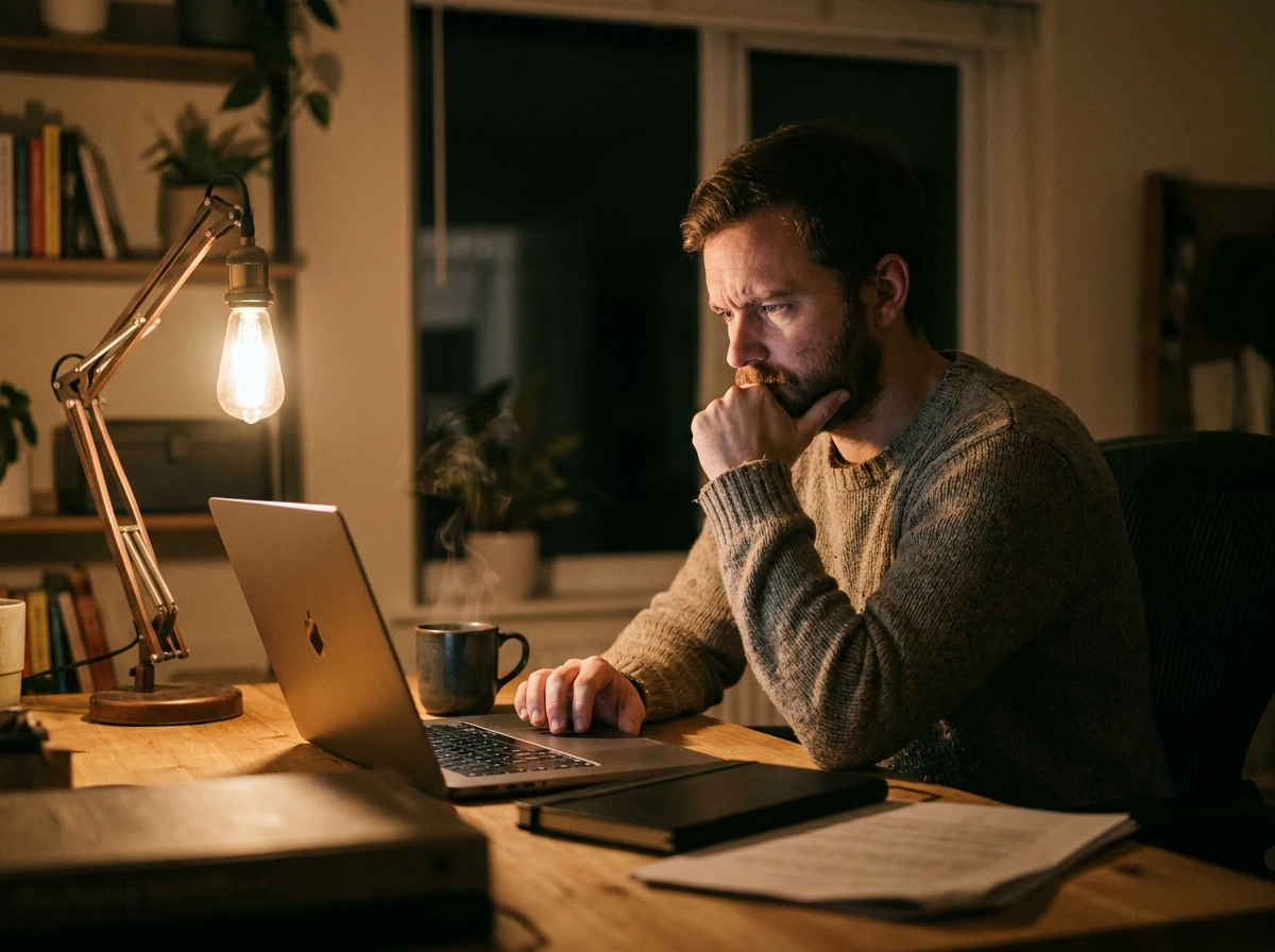 Founder at home office desk evaluating customer pain signals from market research tools