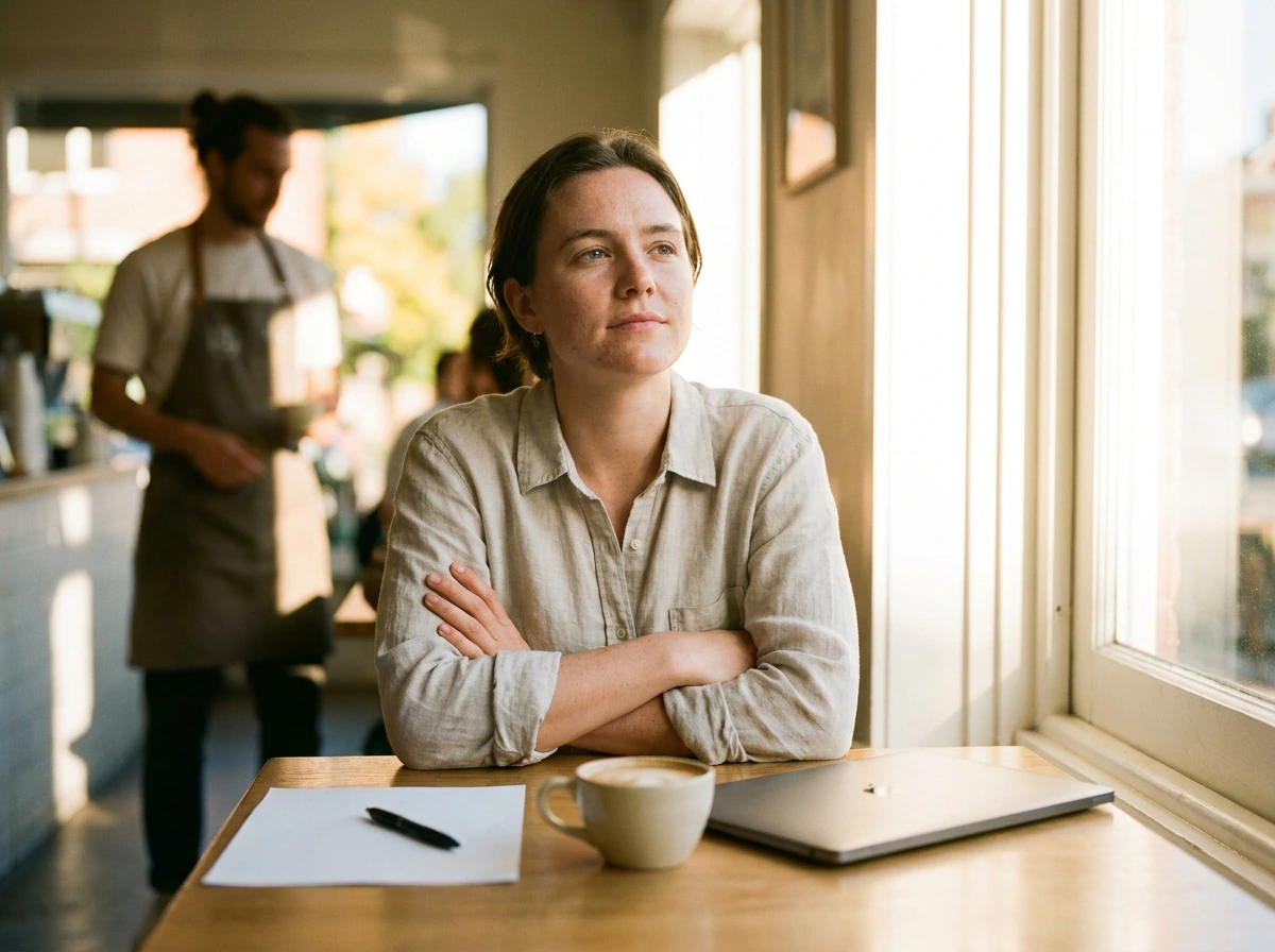 Founder in a cafe with a decisive expression after completing startup market research