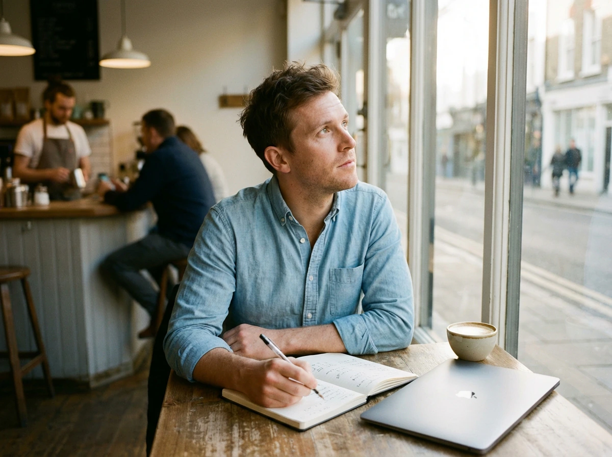 Founder rewriting a realistic MRR plan at a café table in morning daylight