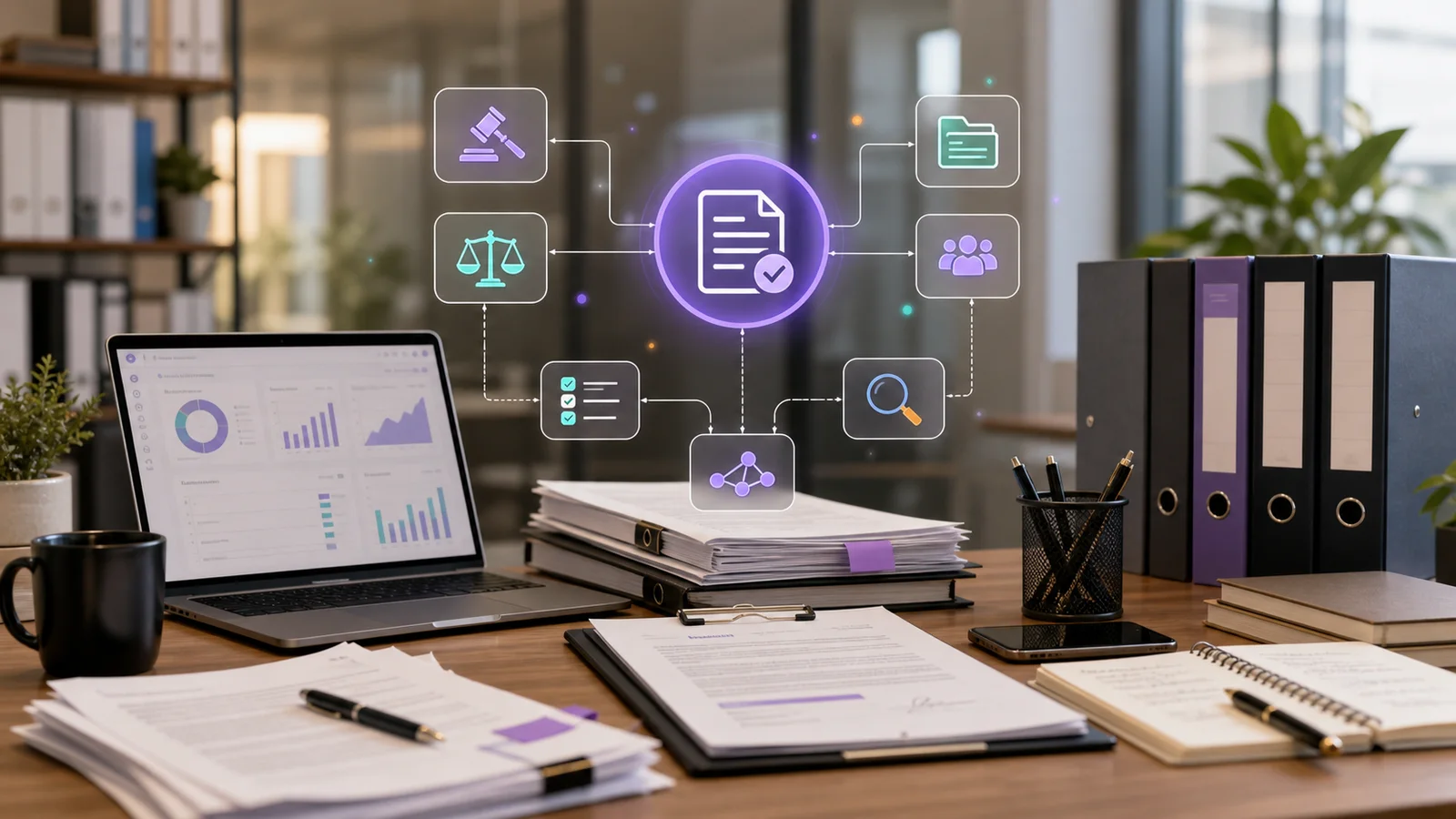 Professional-services office desk with AI agent workflow overlays for contracts and compliance