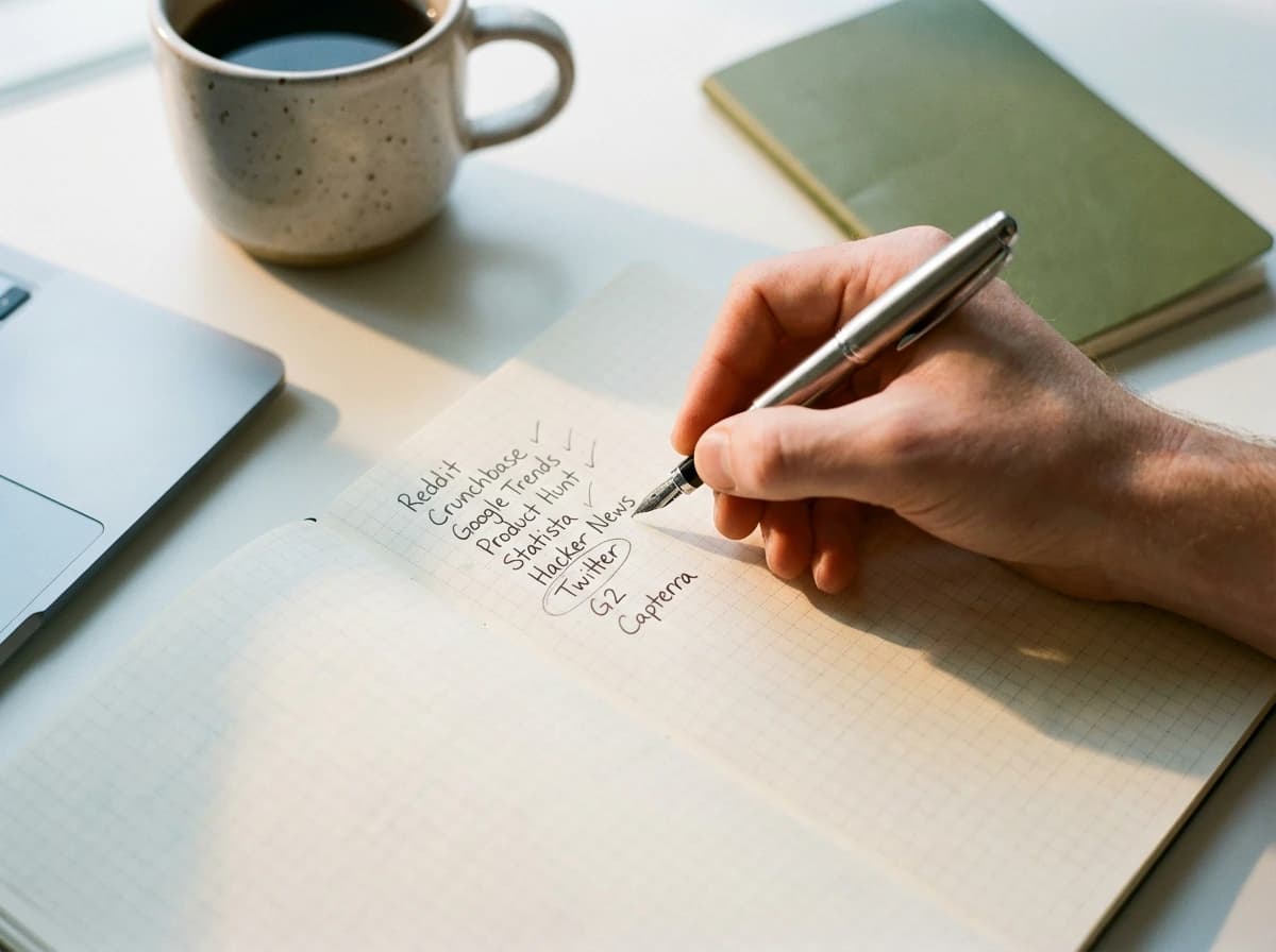 Handwritten list of 60+ live data sources used in AI business context validation