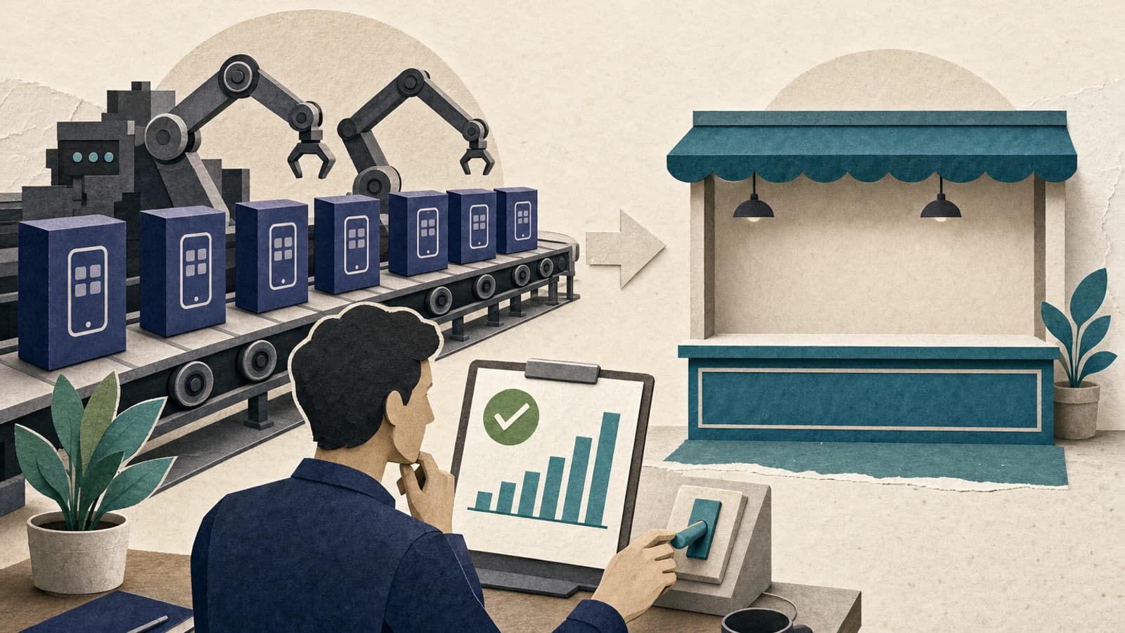 A fast robotic assembly line packing finished app boxes that roll toward an empty shop counter with no customers, a founder checking a demand chart before the line starts