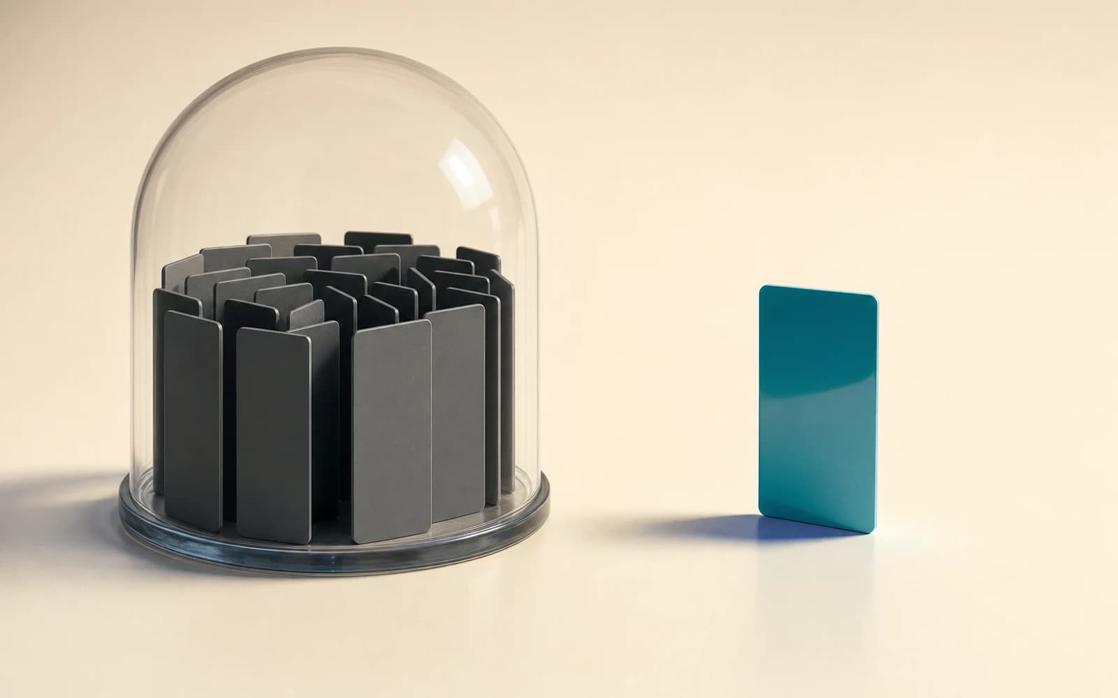 AI generated startup ideas as grey cards sealed under a glass dome, with one teal card outside in the open