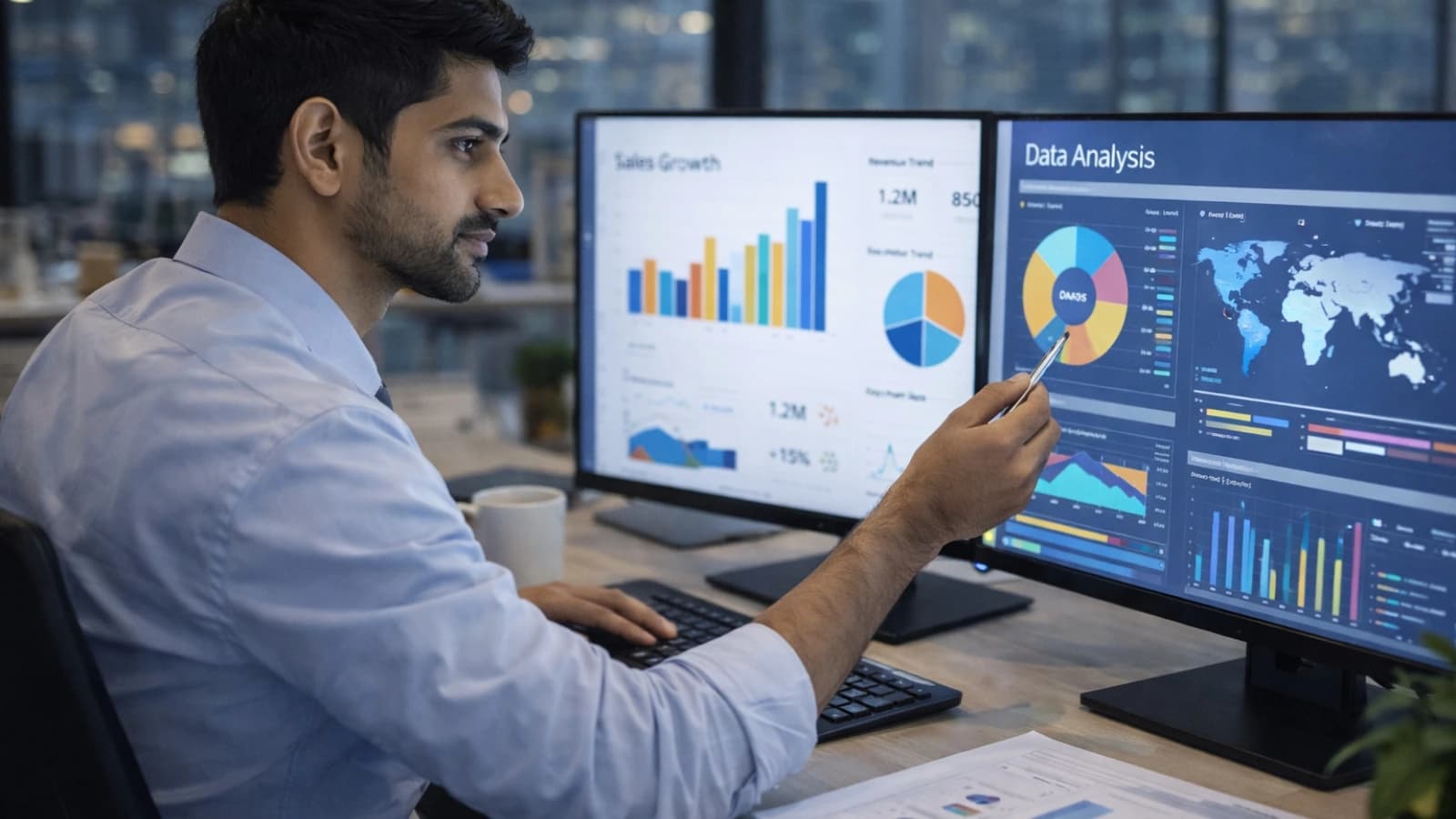 Analyst reviewing startup viability score distribution charts on dual monitors
