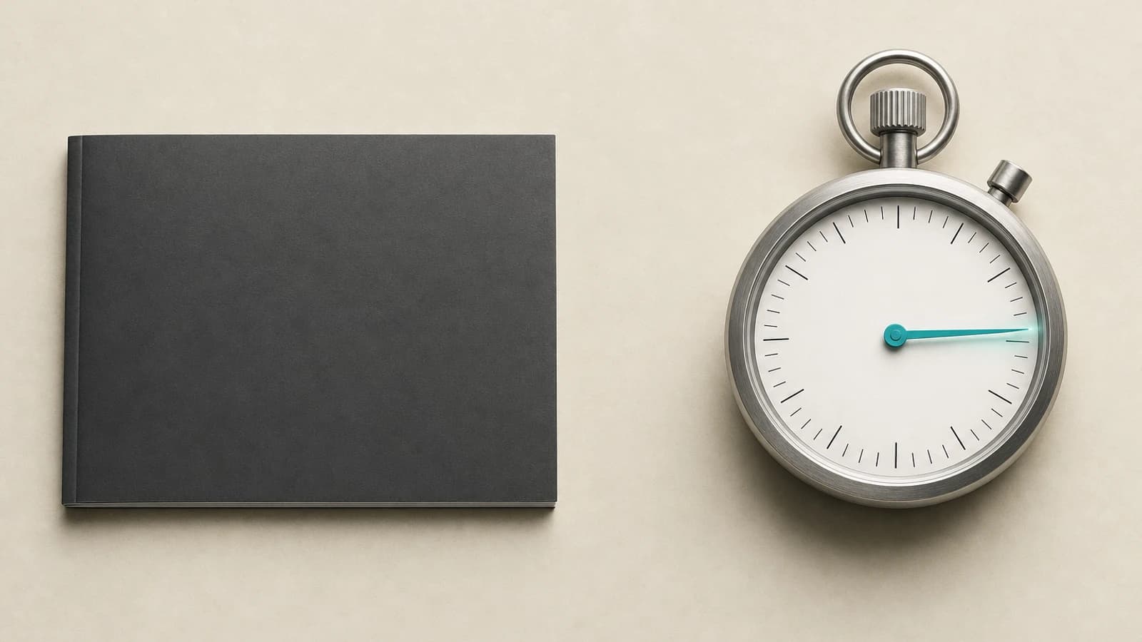 A stopwatch beside a closed pitch deck, representing the 3 minutes 21 seconds investors spend reading