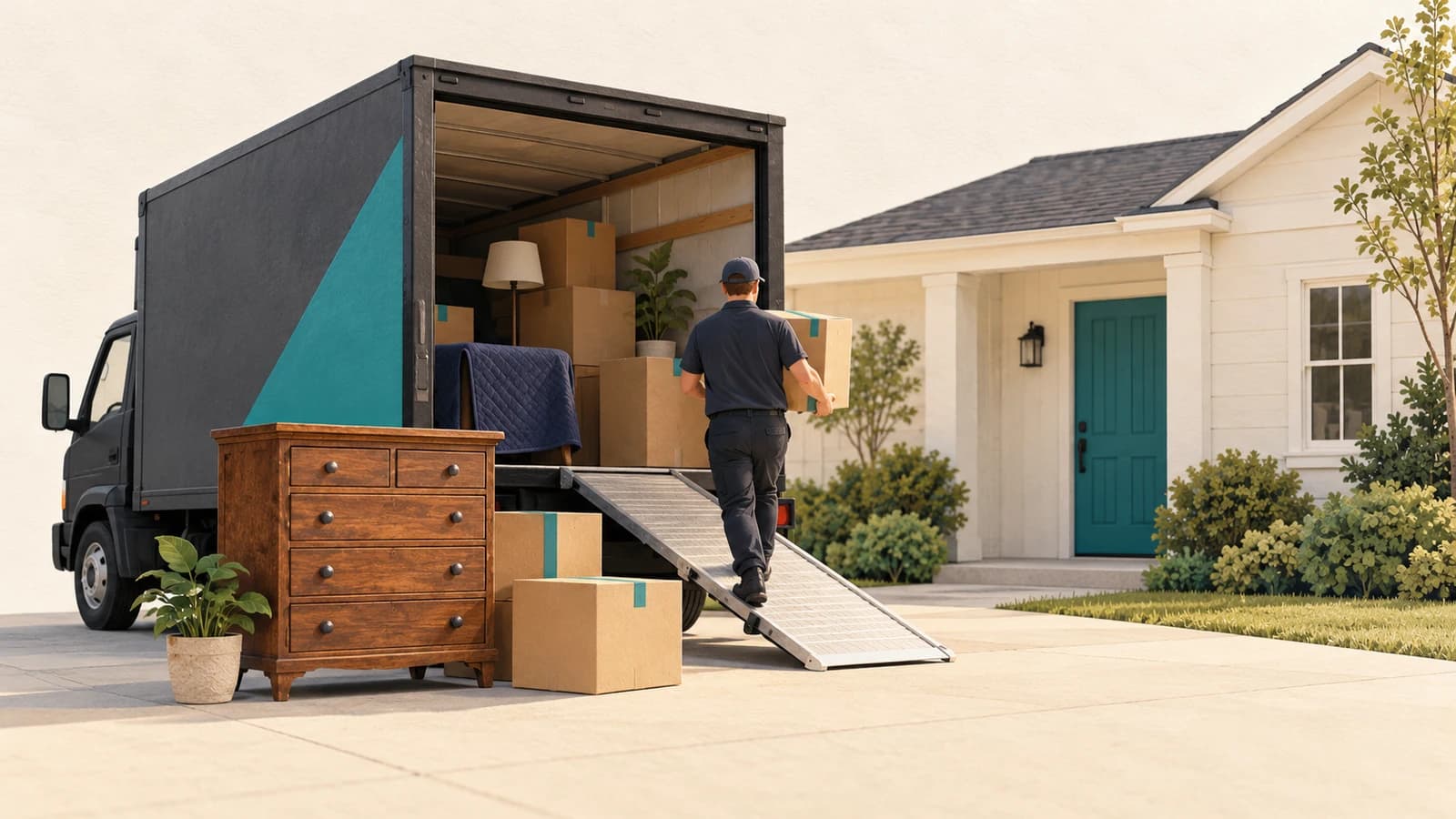 Estate cleanout crew loading old furniture into a box truck outside a family house, one of the best business ideas for 2027