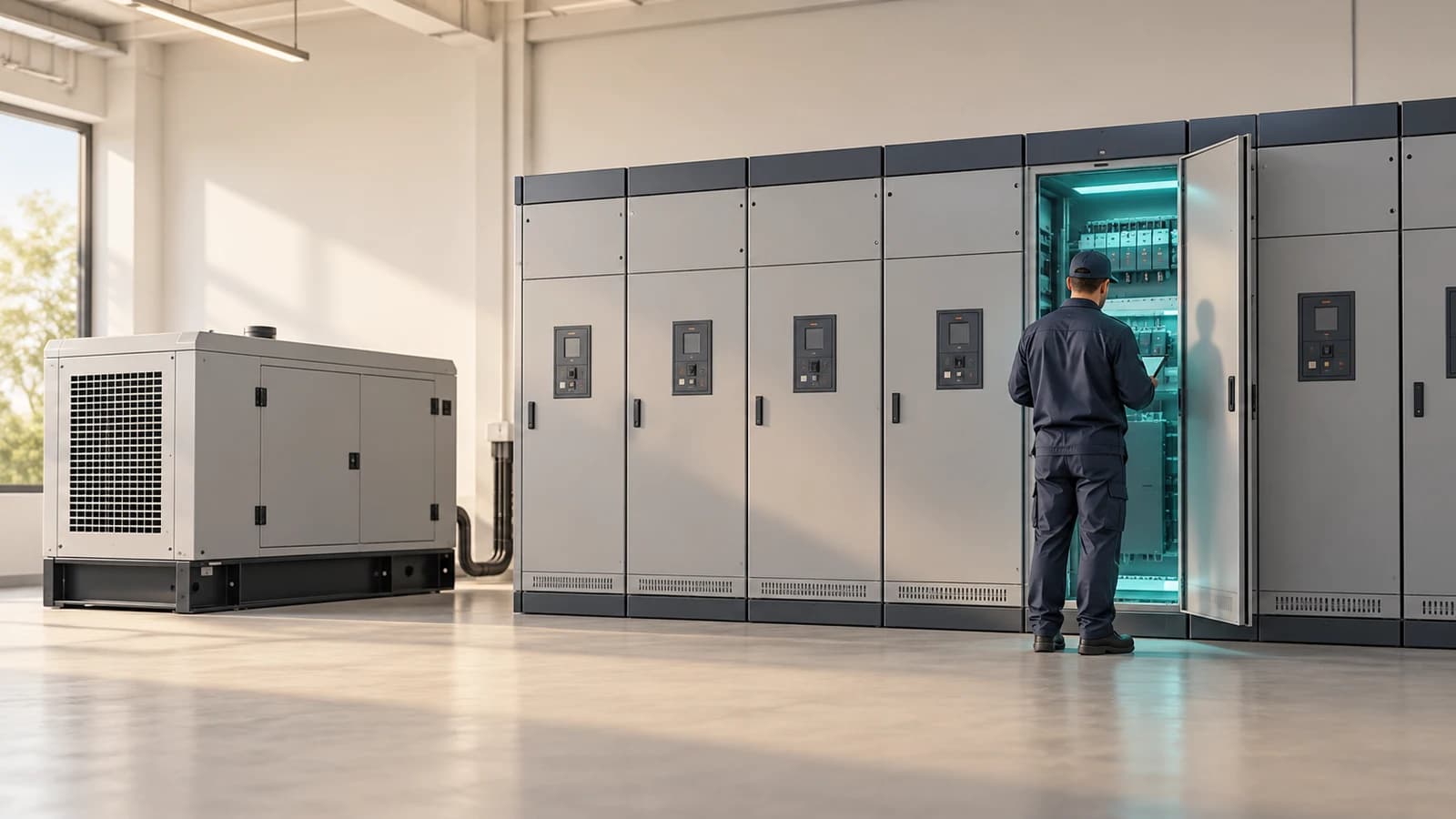 Electrician servicing commercial switchgear and a backup generator panel, a small business idea tied to 2027 grid demand