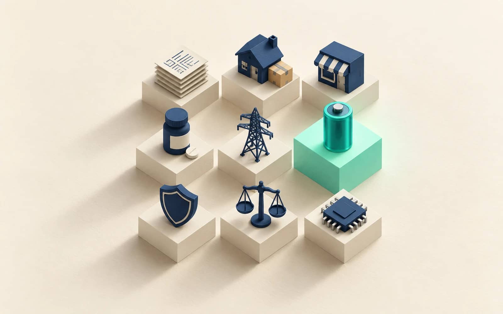 Best business ideas 2027: nine plinths, one per market, from invoices and a pill bottle to a power pylon and a microchip, with the battery plinth raised in teal