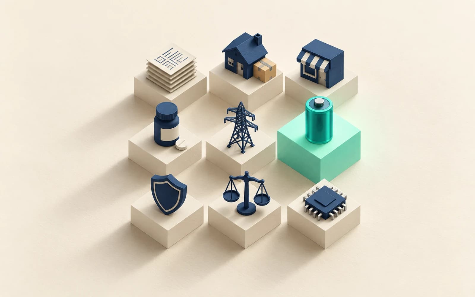 Best business ideas 2027: nine plinths, one per market, from invoices and a pill bottle to a power pylon and a microchip, with the battery plinth raised in teal